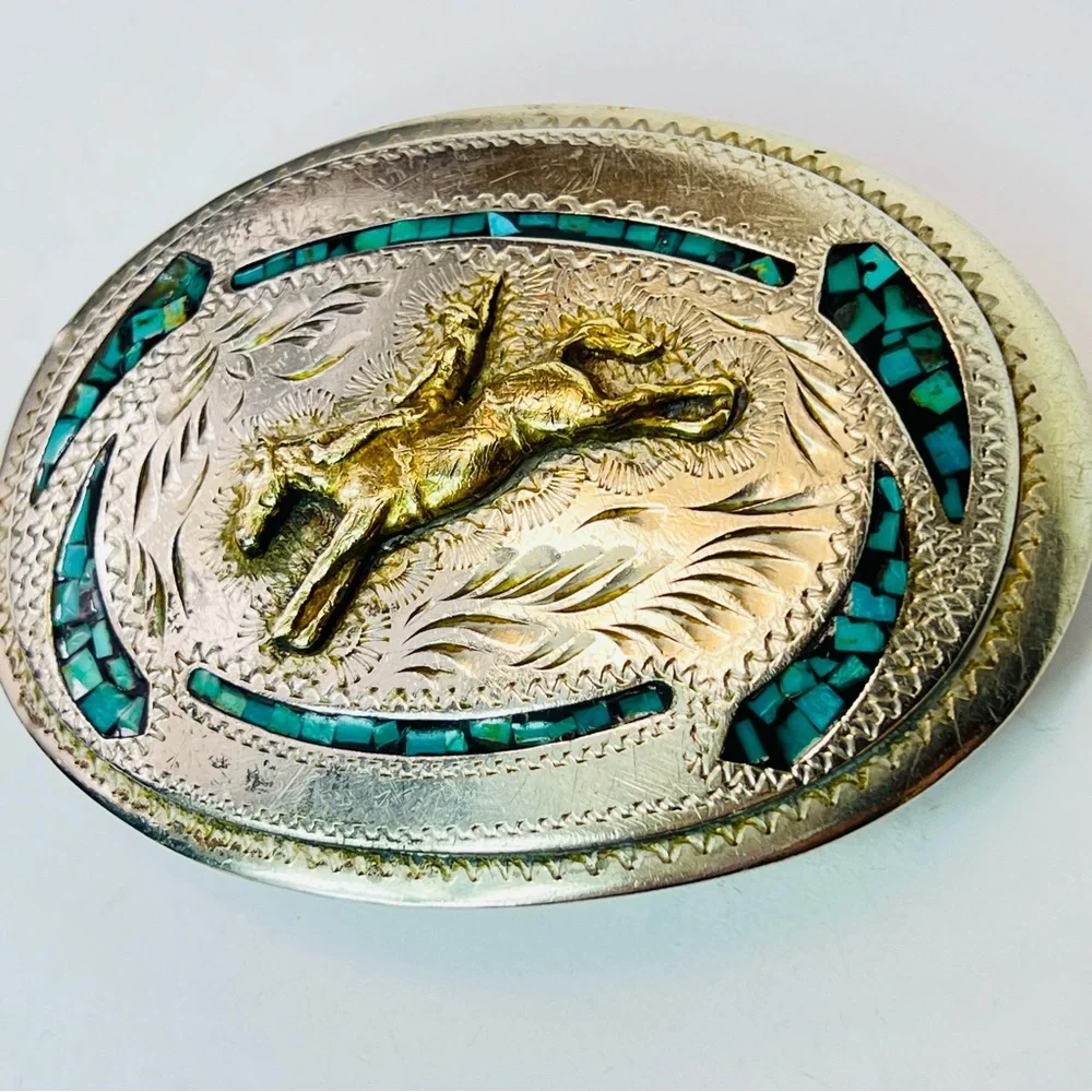 Vintage Native Turquoise Inlay Nickel Silver Bucking Bronco Belt Buckle Western